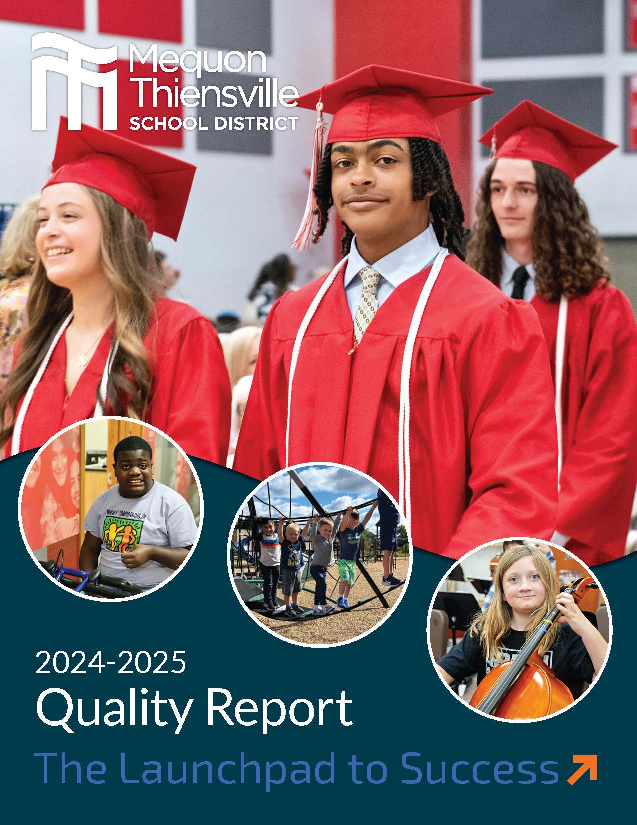 2024-2025 Quality Report Cover featuring Homestead graduates in gowns, a special needs student, boys on a playground, a girl playing the cello, and the words "The Launchpad to Success"